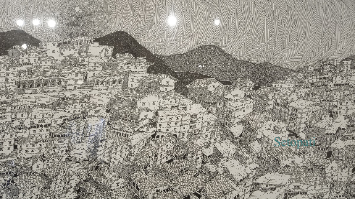 कलाकार सुजन डंगोलको 'टेल्स अफ सिटी' अर्थात् 'सहरको कथा' शीर्षकको प्रदर्शनीमा राखिएको चित्र। तस्बिर: सेतोपाटी
